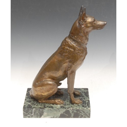 3541 - A 19th century bronze, cast as a German Shepherd, mounted on a marble base, 31.5cm high overall