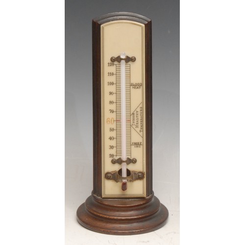 3307 - An early 20th century rosewood table top thermometer, ivorine scale inscribed Blood Heat, Indoor Hea... 