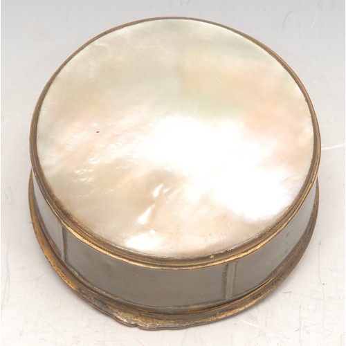 3266 - An early 19th century Continental mother of pearl mounted circular table snuff box, stand-away hinge... 