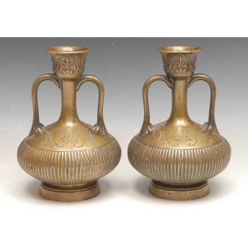 3158 - A pair of Grecian Revival patinated bronze mantel vases, cast in the Grand Tour taste after the anti... 