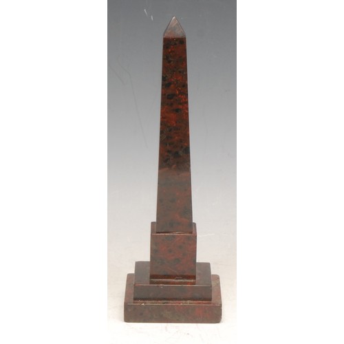 3551 - A 19th century Cornish red serpentine desk model, of an obelisk in the Grand Tour taste, stepped squ... 