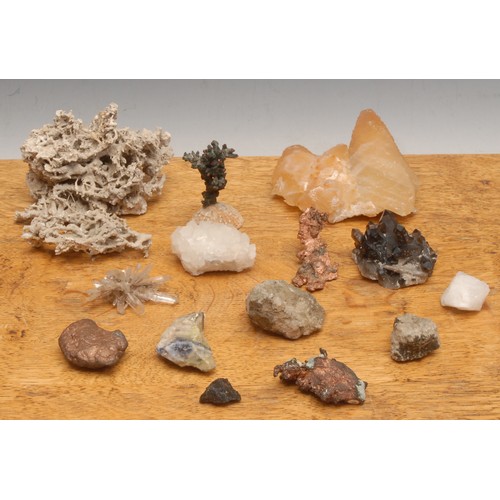 3847 - Geology - a coral specimen, 13cm wide; another; copper specimens (4); smoky quartz; clear quartz; mi... 