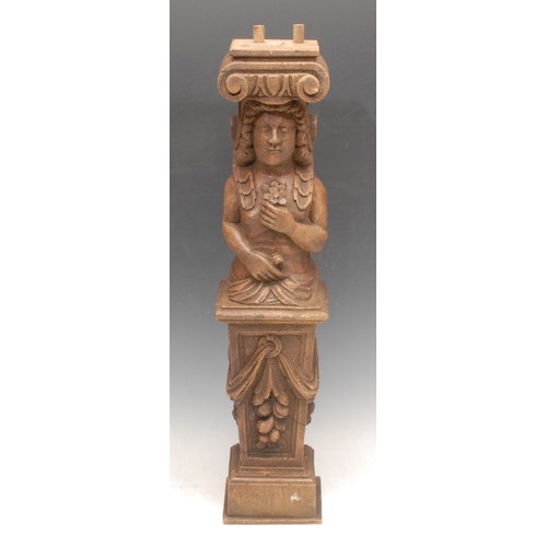 3714 - A 19th century French oak Ionic pilaster, carved as a maenad bust, supported by a tapering rectangul... 