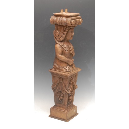 3714 - A 19th century French oak Ionic pilaster, carved as a maenad bust, supported by a tapering rectangul... 