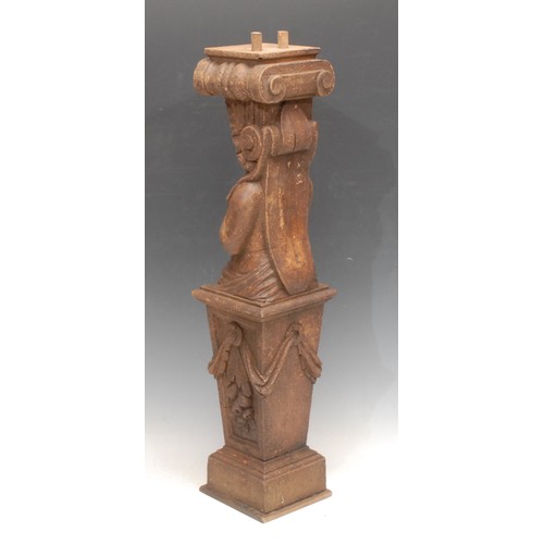 3714 - A 19th century French oak Ionic pilaster, carved as a maenad bust, supported by a tapering rectangul... 