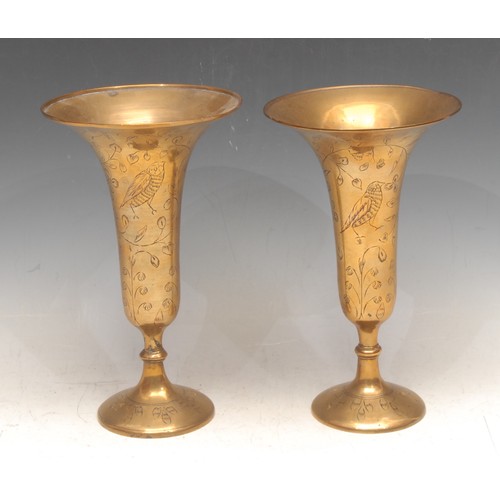 3619 - Asian Art - a pair of 19th century Indian brass pedestal vases, flared rims, chased with sparrows an... 