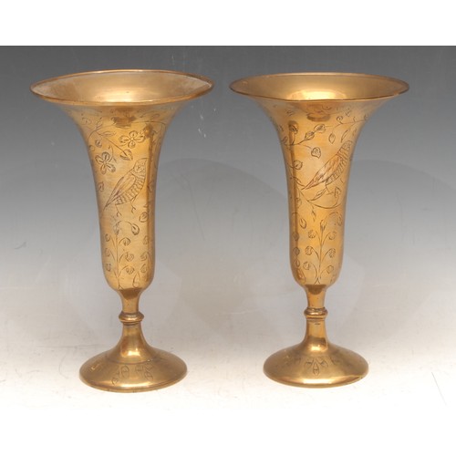 3619 - Asian Art - a pair of 19th century Indian brass pedestal vases, flared rims, chased with sparrows an... 