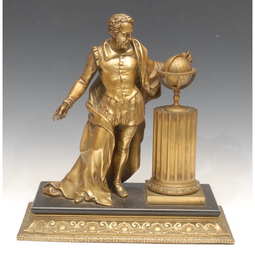 3615A - A 19th century gilt bronze library portrait model, of Sir Walter Raleigh (1552-1618), he stands besi... 