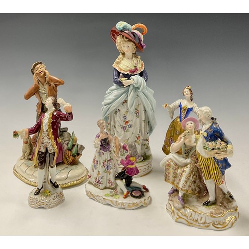 34 - A Naples porcelain figure, of a lady of fashion, wearing a broad brimmed feather hat and floral dres... 