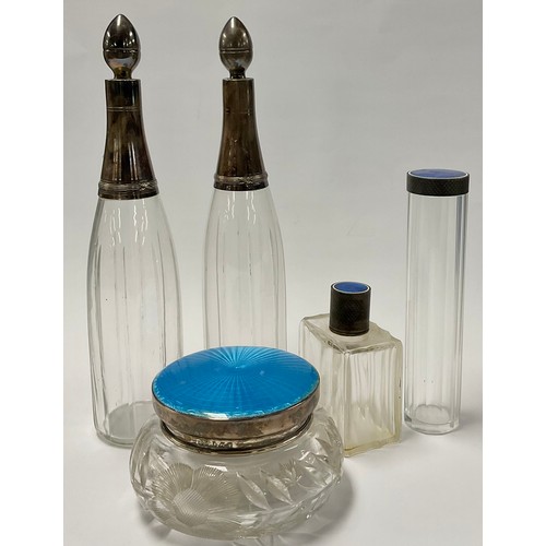 51 - A pair of French silver mounted decanters; a silver and enamel powder bowl, Birmingham 1930; a scent... 