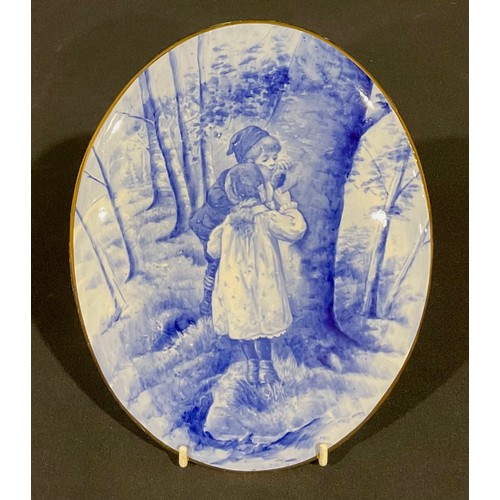 89 - A Royal Doulton Blue Children Series oval plaque, decorated with children in the woods, unmarked, 23... 