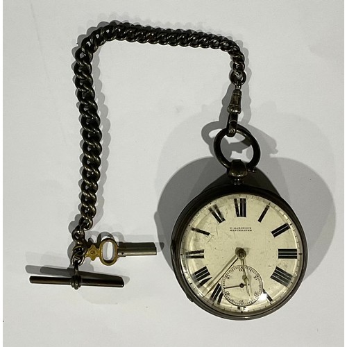 198 - A silver open face pocket watch, G Aaronson, Manchester, Arabic numerals, subsidiary seconds dial, g... 