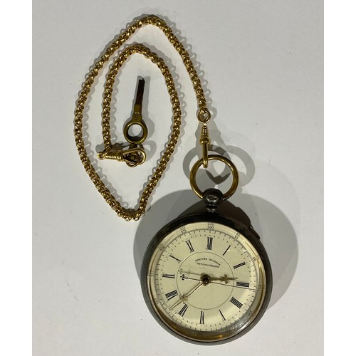 199 - An unusual interior gold plated open face chronometer, centre seconds, an unmarked gold chain, the c... 