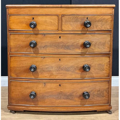 125 - A Victorian mahogany bowfront chest, of two short and three long graduated cockbeaded drawers, turne... 