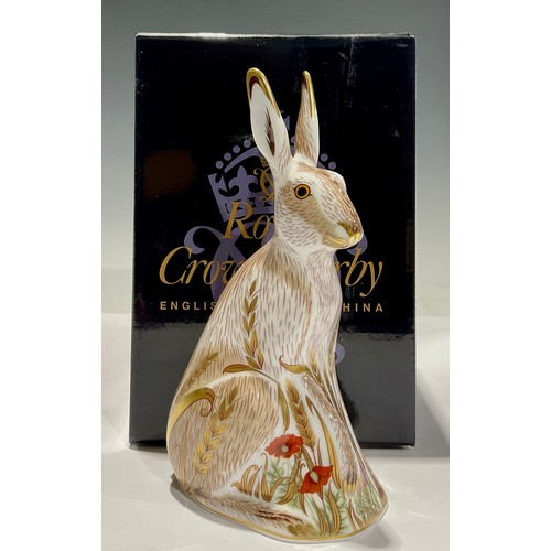 357 - A Royal Crown Derby paperweight, Midsummer Hare, gold stopper 17cm high, printed mark in red, boxed