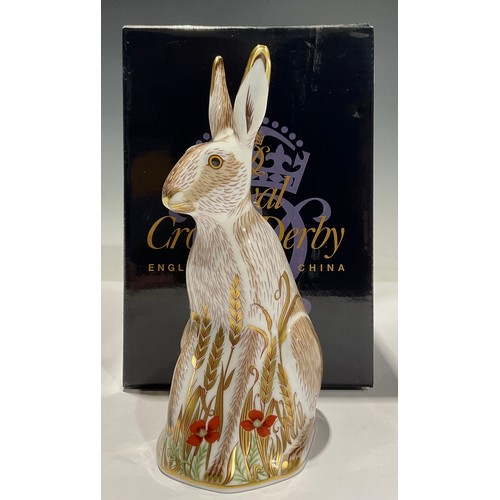 357 - A Royal Crown Derby paperweight, Midsummer Hare, gold stopper 17cm high, printed mark in red, boxed