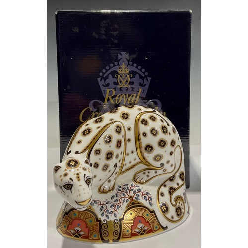 369 - A Royal Crown Derby paperweight, Snow Leopard, gold stopper, 18cm wide, printed mark in red, boxed