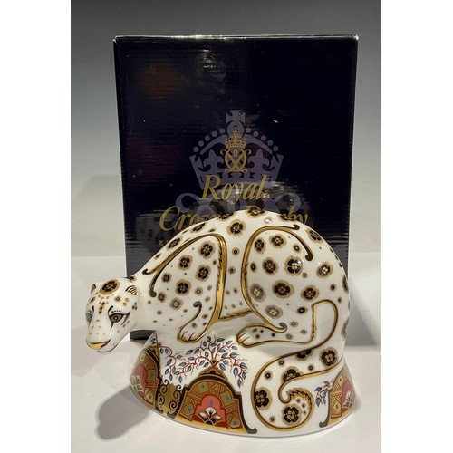 369 - A Royal Crown Derby paperweight, Snow Leopard, gold stopper, 18cm wide, printed mark in red, boxed