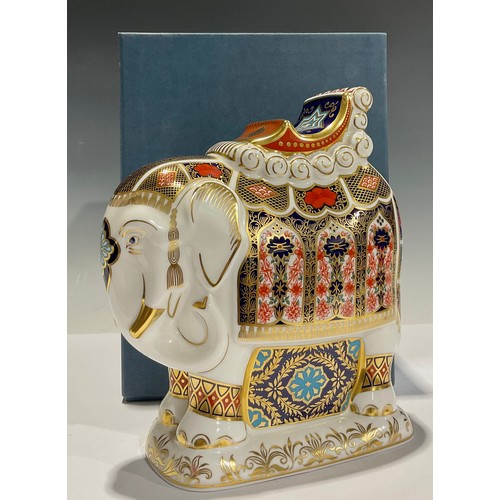 370 - A Royal Crown Derby paperweight, large Imari elephant, decorated in the 1128 pattern, modelled with ... 