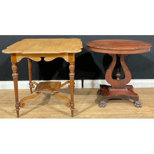 371 - A mahogany and beech shaped square occasional table, bearing a plaque for JAS. SHOOLBRED & Co, TOTTE... 