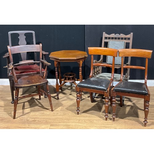 378 - A 19th century vernacular bar-back elbow chair; a pair of 19th century side chairs; spring rocking c... 