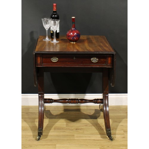 386 - A 19th century mahogany sofa table, rounded rectangular top with fall leaves above a frieze drawer, ... 