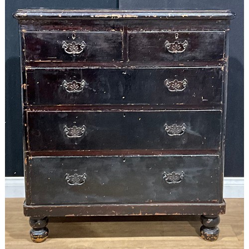 403 - A late Victorian stained pine chest, of two short and three long graduated drawers, turned feet, 109... 