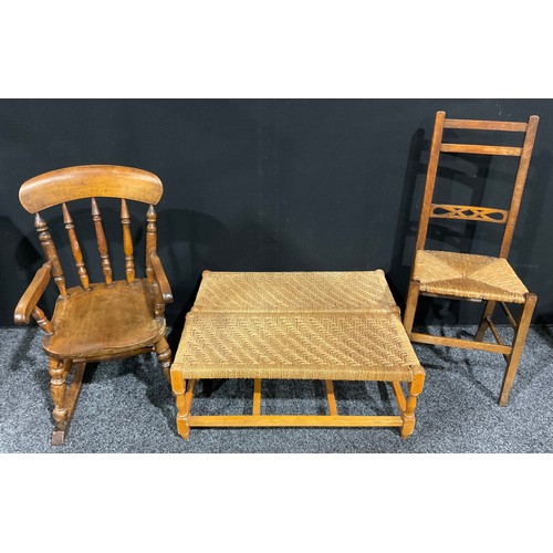 408 - A Victorian child’s rocking chair; an Arts & Crafts period oak side chair; a pair of turned leg stri... 