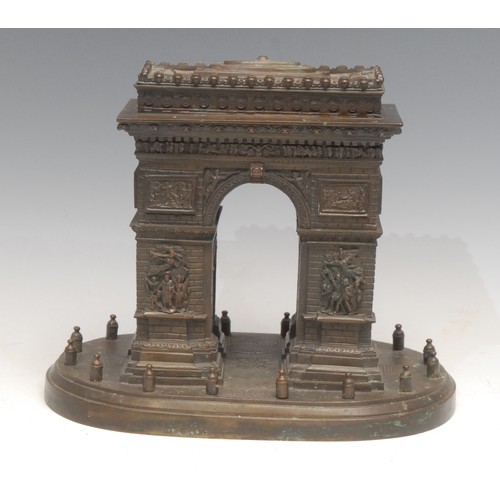 3127A - A large 19th century dark patinated bronze Grand Tour library model, of the Arc de Triomphe, oval ba... 