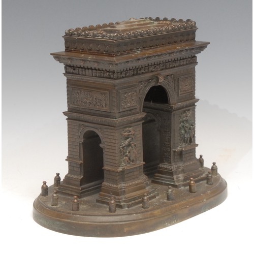 3127A - A large 19th century dark patinated bronze Grand Tour library model, of the Arc de Triomphe, oval ba... 