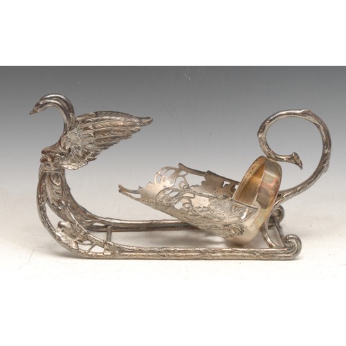 3064A - A French silver plated wine cradle, as a sleigh, terminating in swans, 30cm long