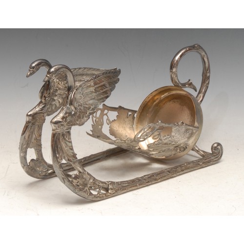 3064A - A French silver plated wine cradle, as a sleigh, terminating in swans, 30cm long