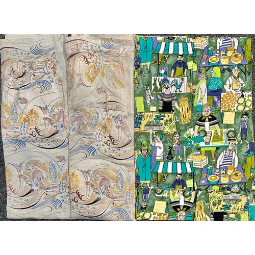 578 - Textiles - a pair of 1930's linen curtains; a pair of mid-century curtains, French design