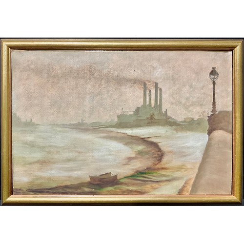 602 - Modern British School  
Industrial River Landscape  
unsigned, oil