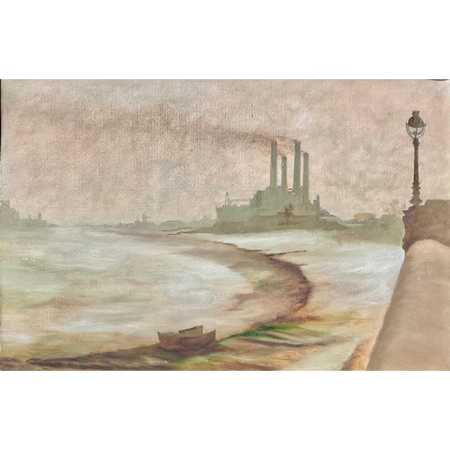 602 - Modern British School  
Industrial River Landscape  
unsigned, oil