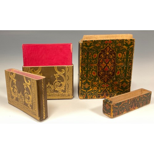 6 - A Victorian visiting card case, decorated in gilt, red and black on green ground, 10.3cm x 7.4cm x 1... 