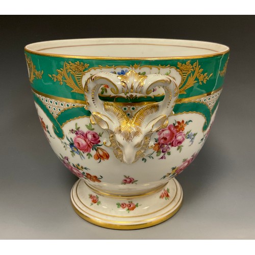 20 - A large Dresden porcelain cache pot or planter, moulded with two Ram mask and scrolling handles, pai... 