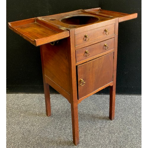 39 - A George III mahogany wash-stand of small proportions, brass swan-neck handles to the sides, single ... 