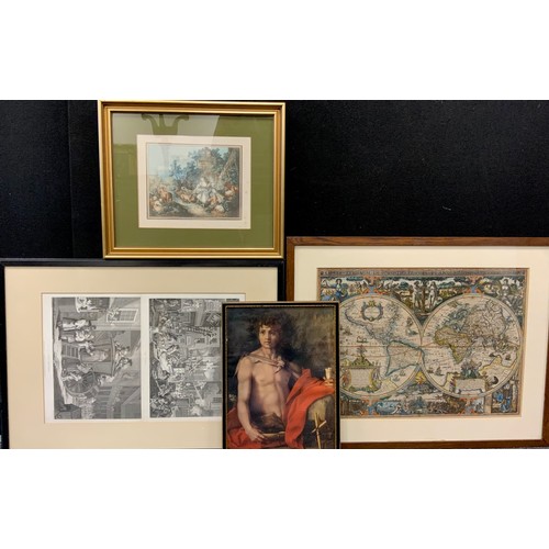 66 - 19th century engraving ‘The Times’,’The Country Inn Yard’, 45cm x 30cm; world map; etc (4)