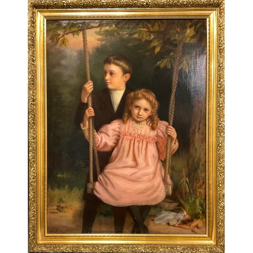 69 - J Gibbs, Victorian School,  portrait Boy and Girl on a Swing, signed, oil on canvas, 90cm x 67cm.