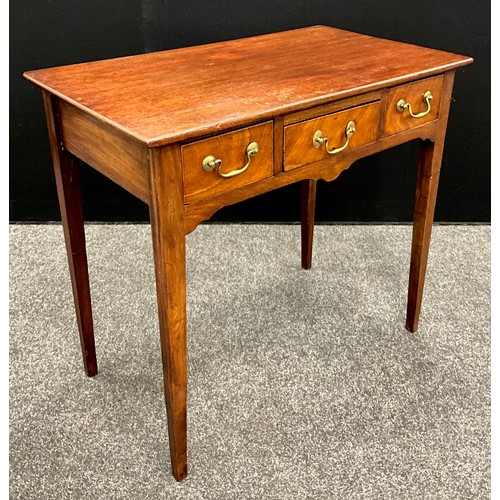 78 - A George III mahogany side table, over-sailing rectangular top, three drawers to frieze with brass s... 