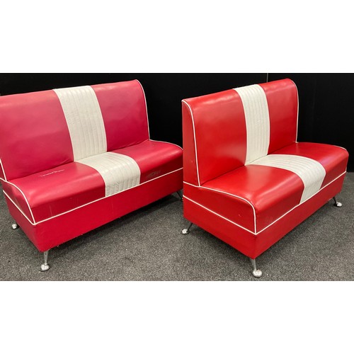 106 - A pair of ‘1960’s American Diner’ style red and white leatherette sofa / banquette seat, chrome legs... 