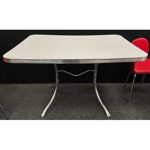 140 - A ‘1960’s American Diner’ style dining table, 76.5cm high x 121.5cm x 90.5cm;  with a pair of contem... 