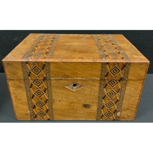 280 - A Victorian Tunbridge inlaid walnut sewing box;  oak and brass dinner gong;  papier-mâché  standish,... 