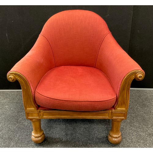 288 - A c.1940 scroll-arm tub chair, oak frame, turned fire-legs, 80cm high x 79cm wide x 74cm deep.