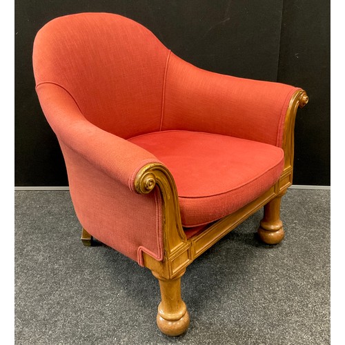 288 - A c.1940 scroll-arm tub chair, oak frame, turned fire-legs, 80cm high x 79cm wide x 74cm deep.