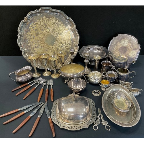 297 - Silver and plate - a pair of weighted silver candlesticks, pair of salts, etc, silver plated salver,... 