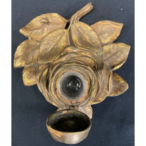 327 - A 19th century gilt bronze inkwell as a Rose, clear glass liner, 17cm wide