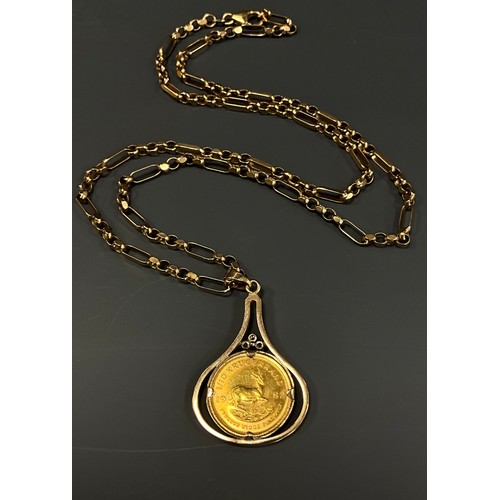 459 - A 1/10 Krugerrand diamond mounted gold coin set pendant necklace, 1982 1/ 10th krugerrand, beneath a... 