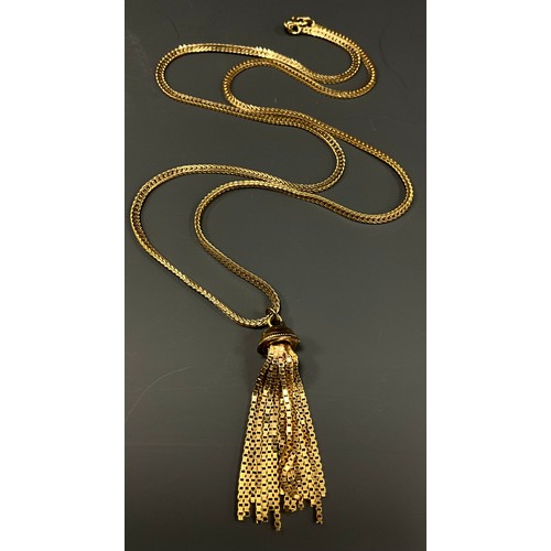 463 - A 9ct gold wheat link pendant necklace with tassel pendant, 57cm long, 13.9g gross